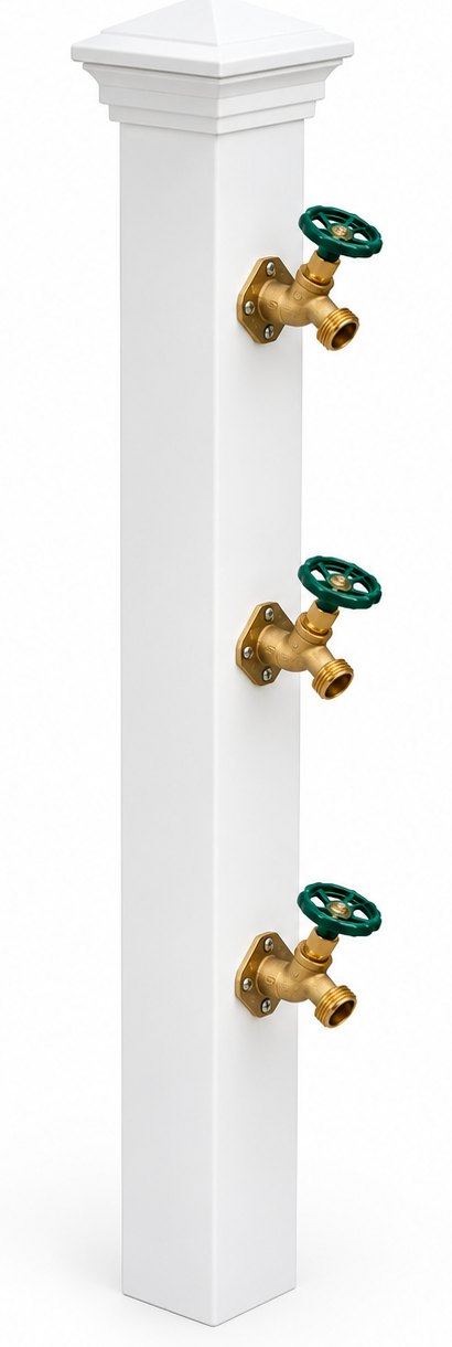 MultiBib white vinyl post with three brass hose bibs and green handles, topped with a pyramid cap